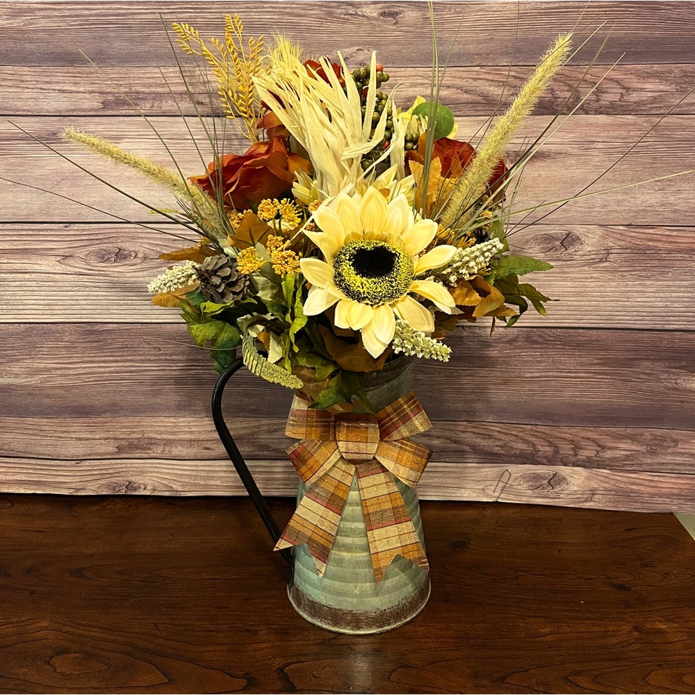 NEW!!  Fall Arrangement in Galvanized Pitcher!